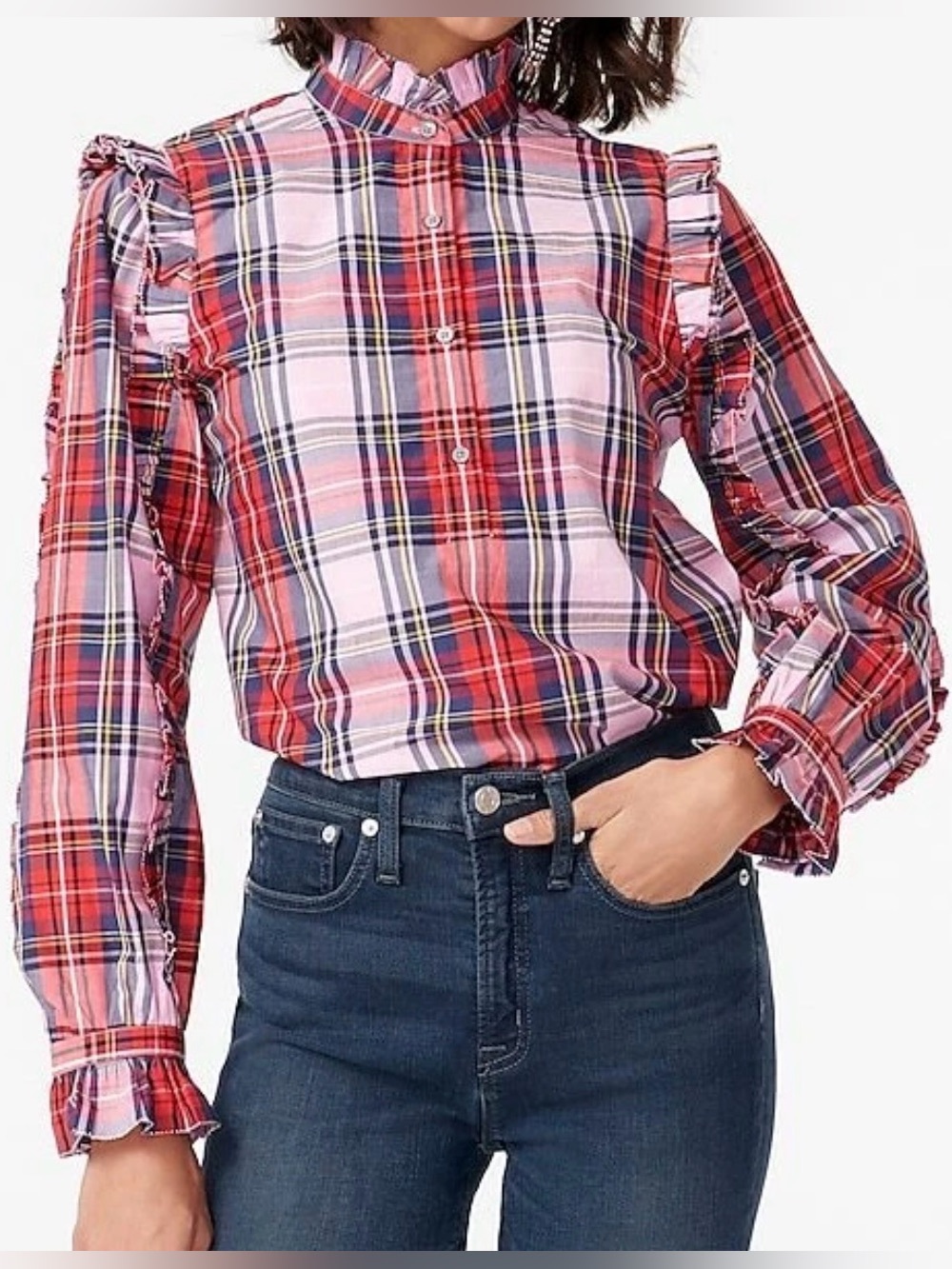 J.Crew ClassicFit Ruffle Popover Plad Shirt Pink Stewart Tartan NWT~3X